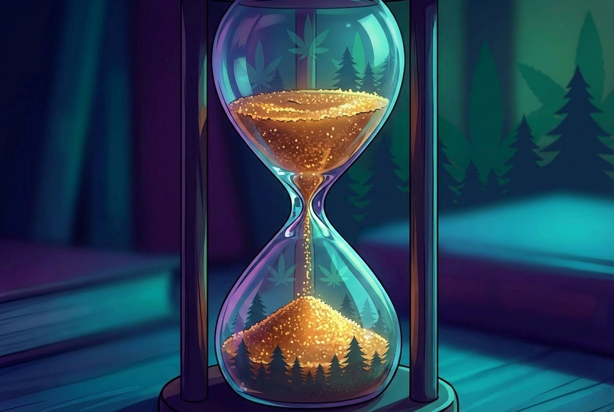 A close-up, artistic shot of an hourglass filled with golden amber granules instead of sand. The lighting is dim, moody, and blue-toned, suggesting the passage of time and the approach of night.
