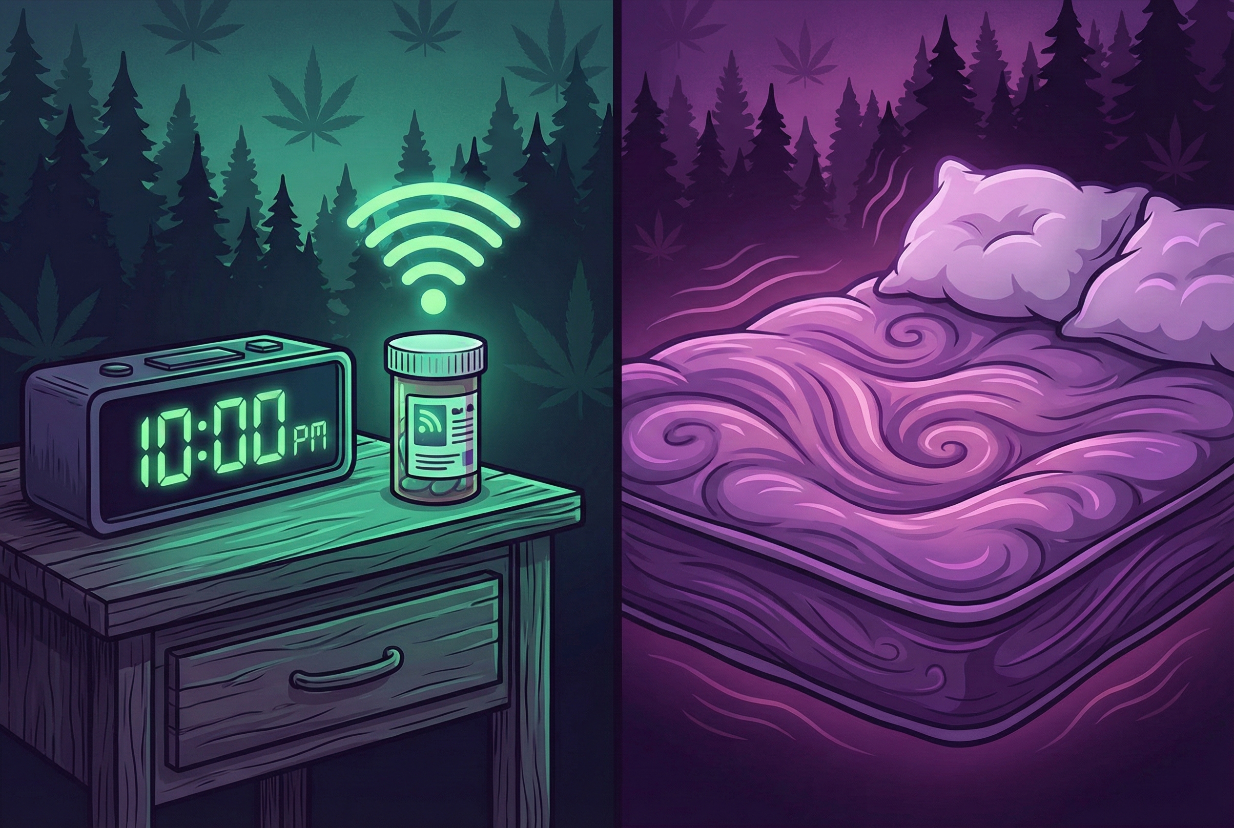 A split graphic. On the left, a digital clock reading '10:00 PM' with a pill bottle labeled 'Melatonin (Signal).' On the right, a soft, sinking mattress illustration labeled 'CBN (Relaxation).' This distinguishes the biological signal from the physical sensation.